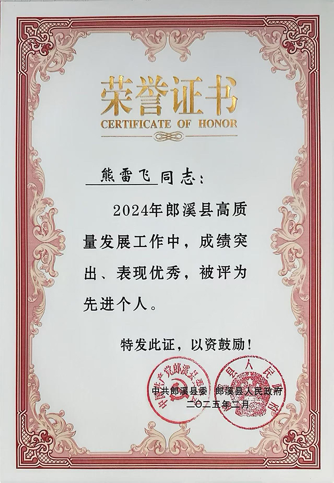 安徽新涛职工荣获“郎溪县高质量发展-先进个人”称号！